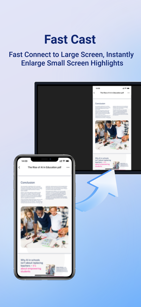 Screen Share for WAF series - Un iPhone transmitiendo de forma inalámbrica un documento PDF educativo a una gran pantalla interactiva Samsung.