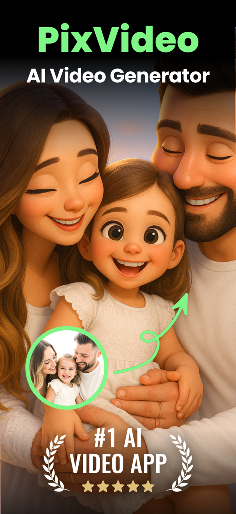 Foto familiar real transformada en una animación 3D usando PixVideo AI