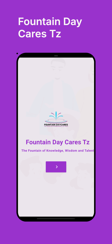 Fountain Day Cares Tz - Tela de splash do aplicativo Fountain Day Cares Tz com logotipo e fundo roxo