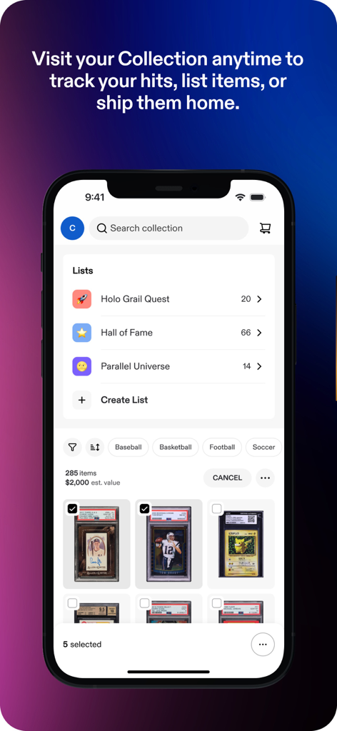 Fanatics Collect - Fanatics Collect app interface showing organized card collection lists and graded sports and pokemon cards