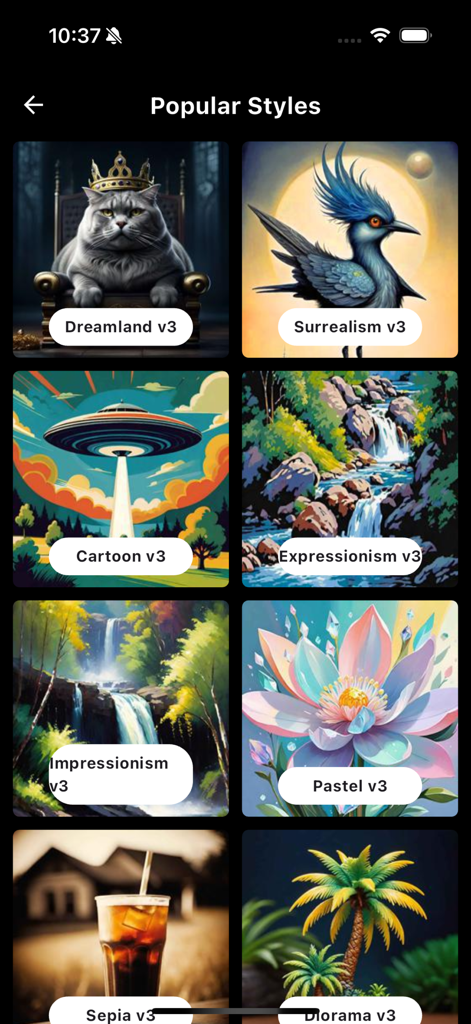 4K Wallpapers HD Background - Un menú de estilos de arte de IA populares como Surrealismo y Dibujos Animados para generar fondos de pantalla 4K personalizados.