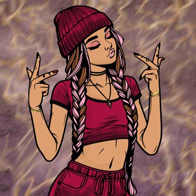 realistic teenage girl with braids and a beanie and crop top doing 🫶🏼