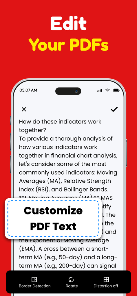 PDF Converter：Scanner & Reader - Un écran d'iPhone affichant les outils d'édition et de personnalisation de texte PDF.