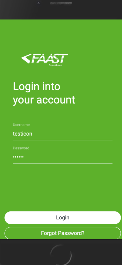 FAAST USER APP - FAAST Broadband user app login screen with username and password fields