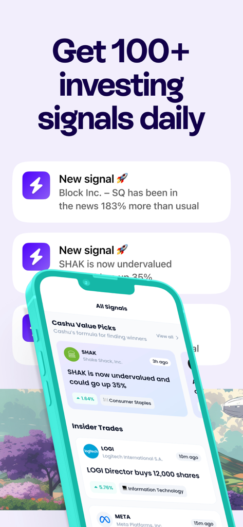 Cashu: Investing Ideas - Interface do aplicativo Cashu mostrando sinais diários de ações e notificações de negociações internas
