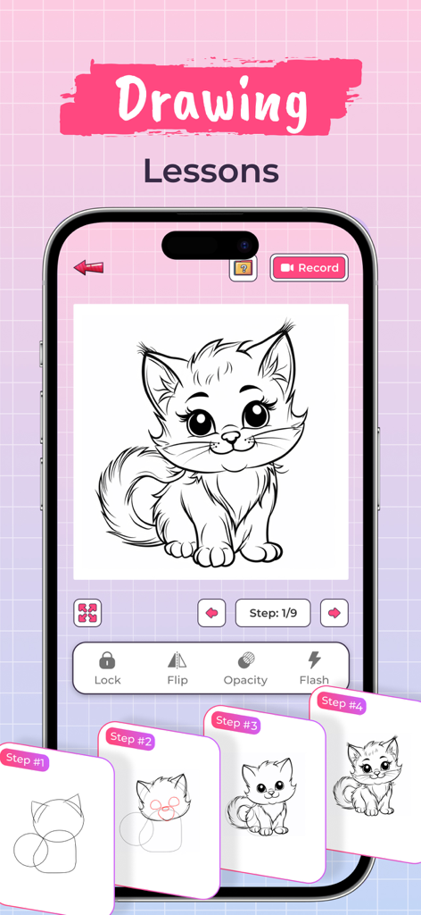 AR drawing app interface showing step by step sketch lessons for a cartoon kitten