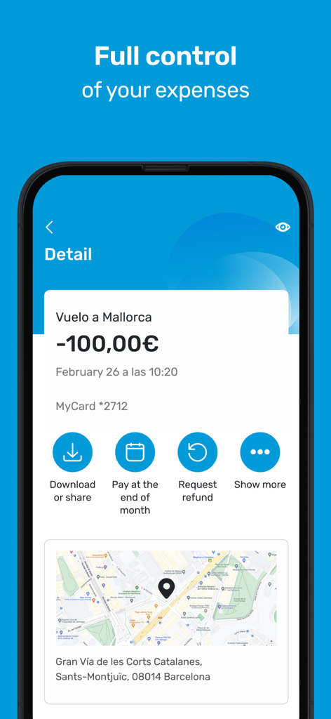 CaixaBankNow: Online banking - Tela do aplicativo CaixaBankNow mostrando detalhes da transação de um voo para Mallorca com opções de gerenciamento de despesas e localização no mapa.
