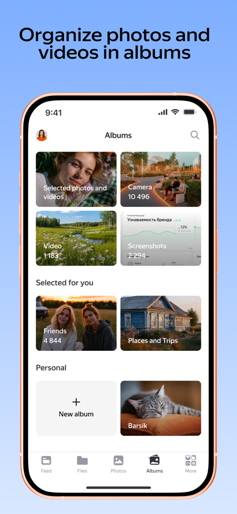 Yandex Disk mobile app interface showing organized photo and video albums including camera roll and personalized categories