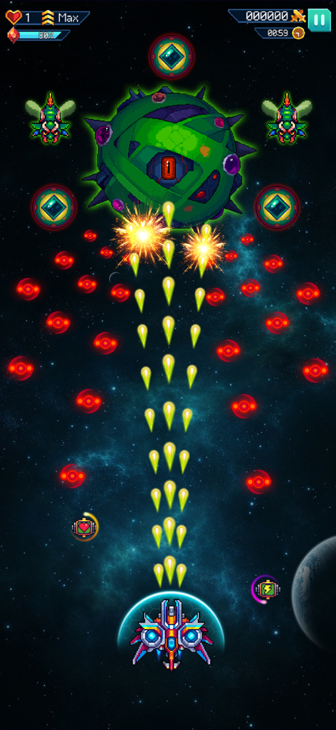 Galaxiga: Classic Arcade Game - Spaceship fighting a large alien boss in Galaxiga classic arcade game