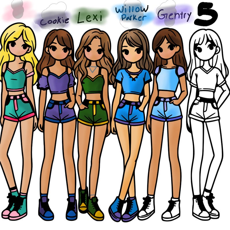 a group of girls wearing crop tops and shorts