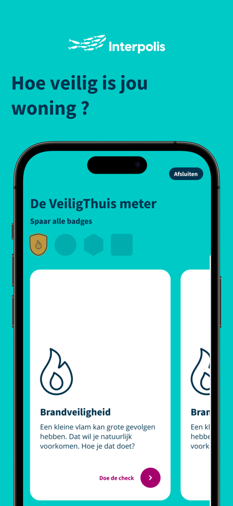 Interpolis - Interpolisアプリのインターフェース。自宅や火災の安全チェックのためのVeiligThuisメーターが表示されます。
