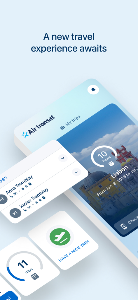 Interface de l'application Air Transat affichant les détails du voyage pour Lisbonne, y compris les cartes d'embarquement et les comptes à rebours du voyage.