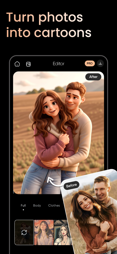 PhotoTune: AI Photo Enhancer - Comparación del antes y después de una foto de pareja transformada a estilo de dibujos animados usando PhotoTune AI