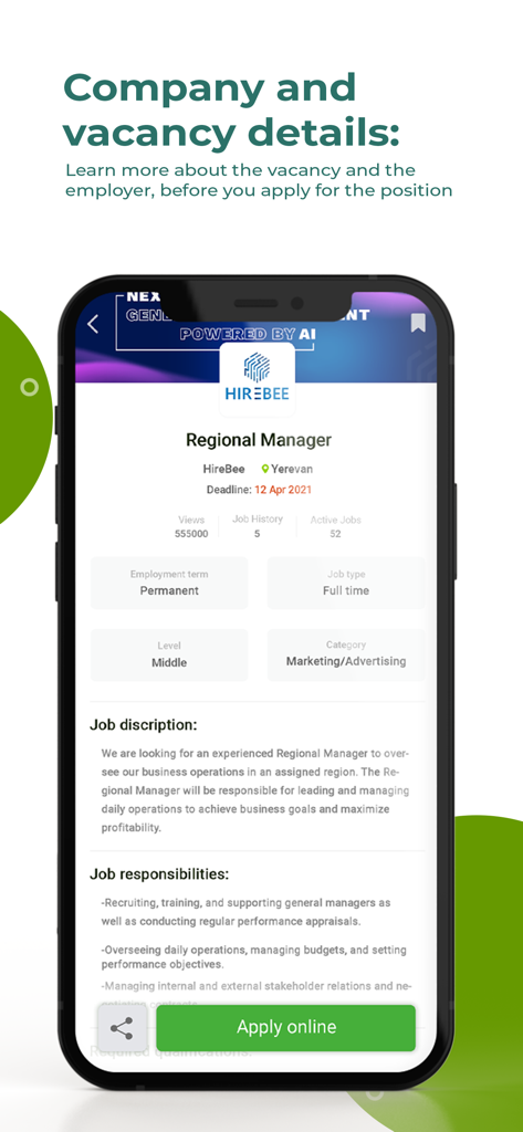 Staff.am - A mobile app screen showing detailed job information and an apply online button