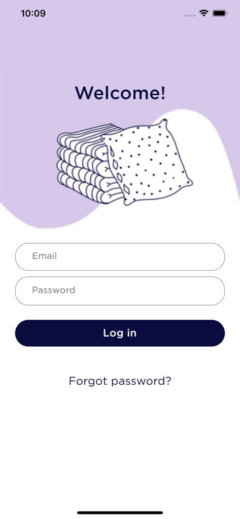 BedTyme Coach - Login screen of the BedTyme Coach app featuring email and password fields with a welcome message and a pillow illustration.