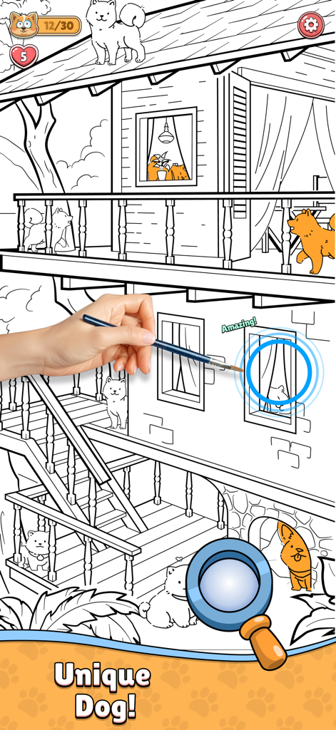 Find the Dog: Hidden Objects! - A player finding a hidden dog in a hand-drawn house scene using a magnifying glass and stylus.