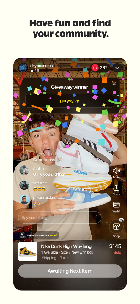 Interface de shopping en direct Whatnot montrant une vente aux enchères de baskets et l'annonce du gagnant d'un cadeau.