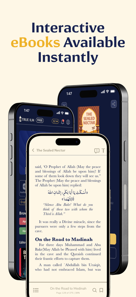 True Ilm: Audiobooks & eBooks - Mobile phone screen displaying the interactive eBook reader interface of the True Ilm app showing The Sealed Nectar
