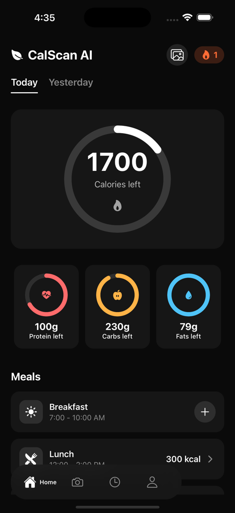 CalScan AI - Calorie Tracker - CalScan AI app dashboard showing daily calories and macronutrient tracking with a dark mode interface