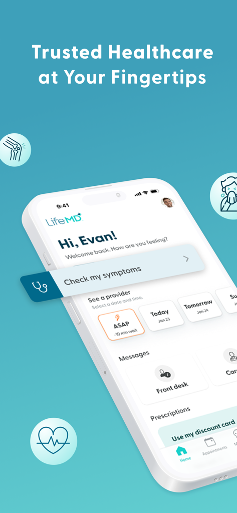 LifeMD Telehealth - Pantalla de inicio de la aplicación LifeMD Telehealth que muestra el verificador de síntomas y la reserva rápida de citas