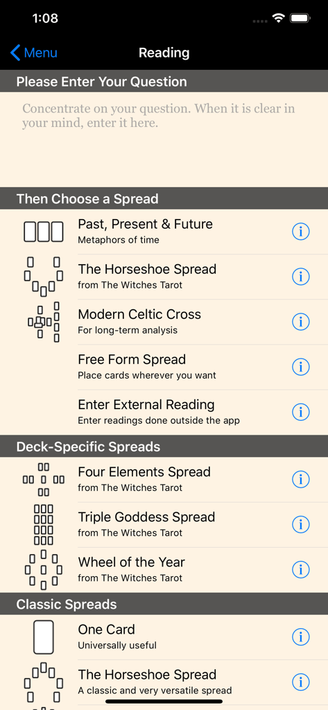 Witches Tarot - Interface of the Witches Tarot app showing a list of tarot spreads including Modern Celtic Cross and Triple Goddess Spread.