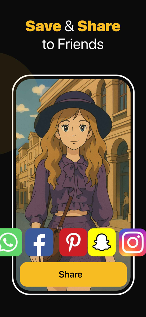 AI Anime Image Editor - Uma tela do Editor de Imagens de Anime IA mostrando uma garota de anime em estilo vintage com um menu de compartilhamento para redes sociais como Instagram e Snapchat