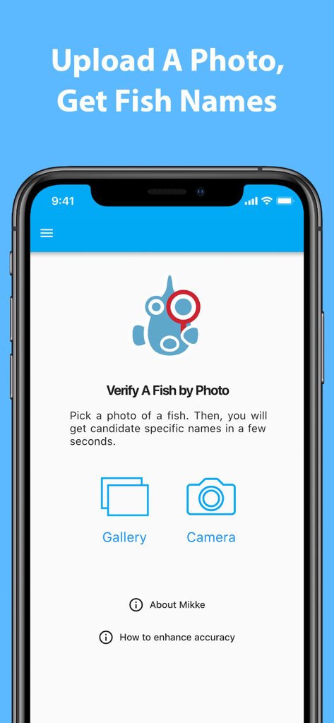 Mikke Fish ID - Mikke Fish ID app main screen with options to upload or take a fish photo for identification.