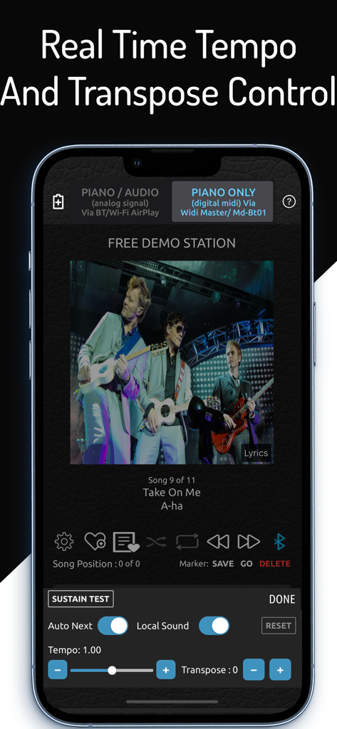 PianoStream Piano MIDI Player - PianoStream mobile app interface showing real-time tempo and transpose controls for digital MIDI piano playback