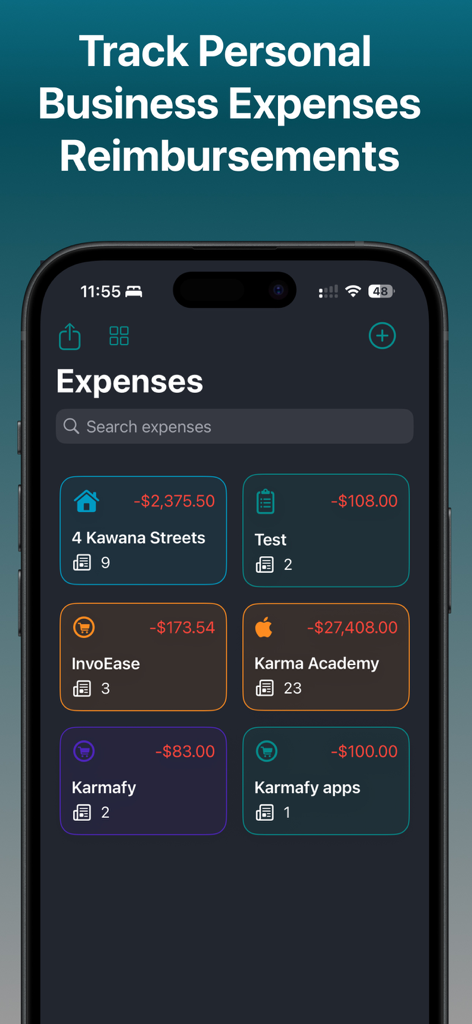 Smart Scan Receipts: Receiptly - Panel que muestra gastos personales y de negocios categorizados en la aplicación Receiptly