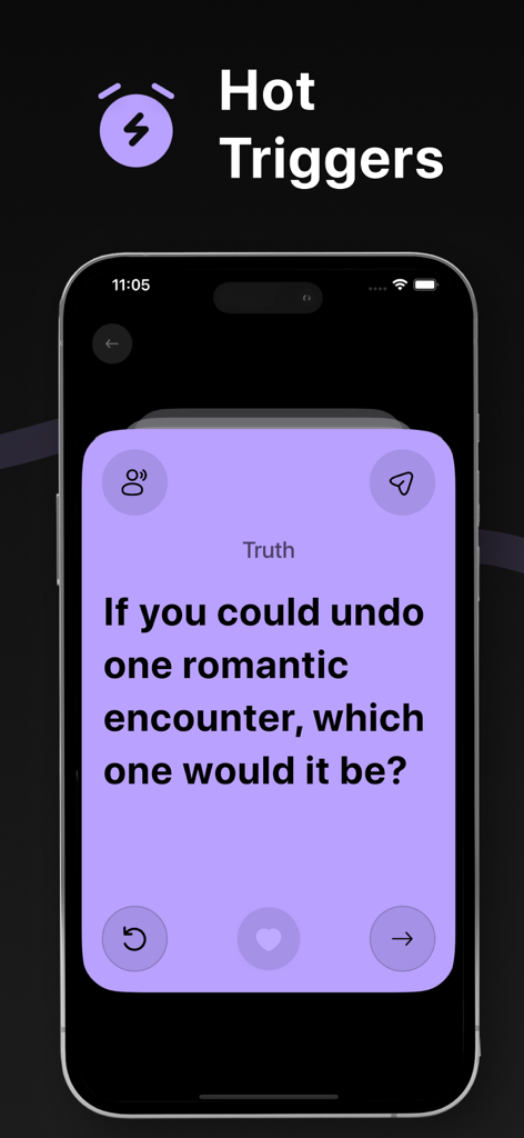 Una carta de pregunta de verdad en la app La Verdad o el Reto preguntando sobre un encuentro romántico pasado