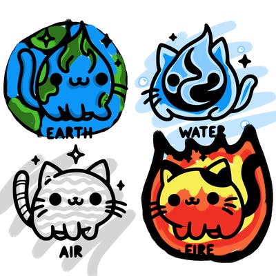 4 cats that represent the different elements, earth, water, air, and fire