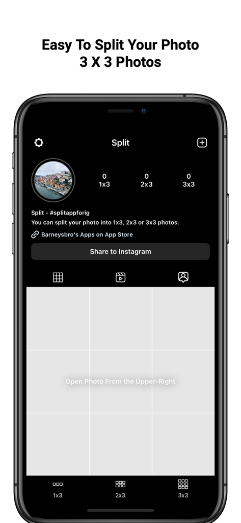 Split app interface displaying 3x3 grid layout options for Instagram posts