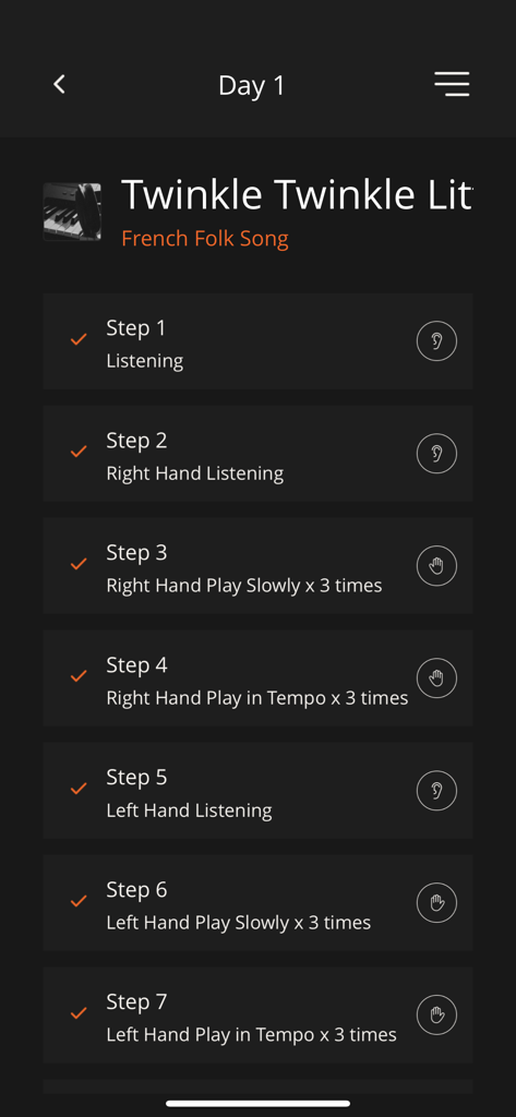Roland Piano App interface showing a seven step practice plan for Day 1 of the One Week Master feature