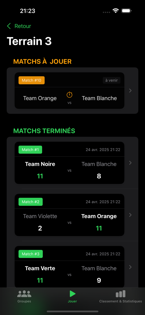 Dashboard che mostra i punteggi delle partite imminenti e completate per un torneo sportivo.