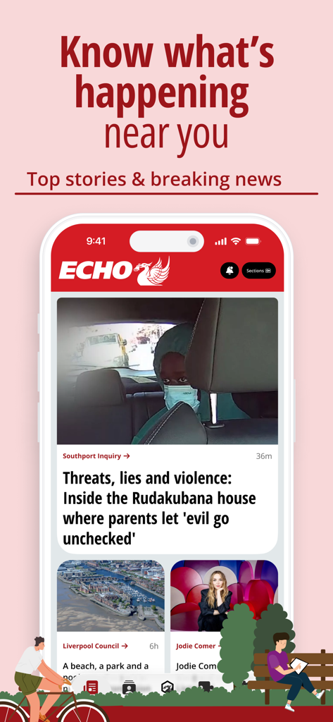 Liverpool Echo mobile app interface displaying top news stories and local headlines.