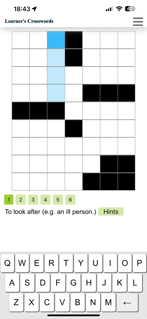 Learner's Crosswords app interface showing a crossword puzzle grid and English vocabulary clue for language learners