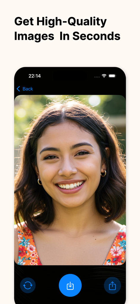 AI Art Generator: Text to Pic - A mobile app interface displaying a high-quality AI-generated portrait of a smiling woman with photorealistic details.