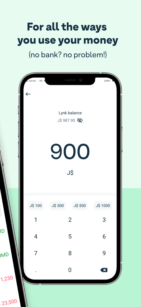Lynk - Digital Payments - Lynk mobile app interface for entering payment amounts in Jamaican dollars without needing a bank account