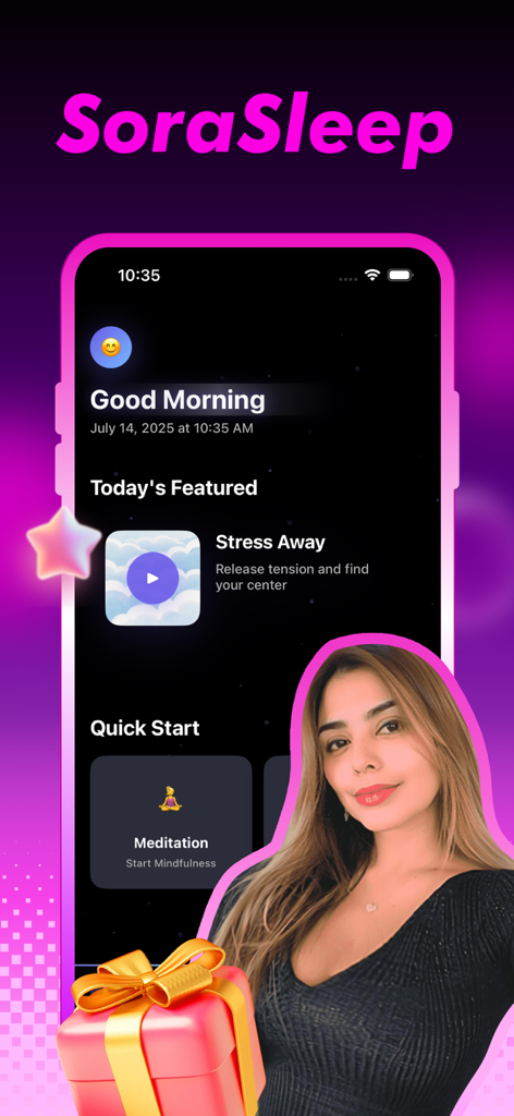 SoraSleep app home screen showing today's featured stress away meditation and a quick start button