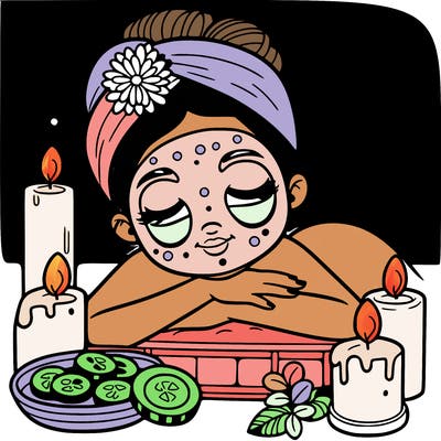 spa day: a girl relaxing with a face mask, cucumber slices, and candles nearby.
