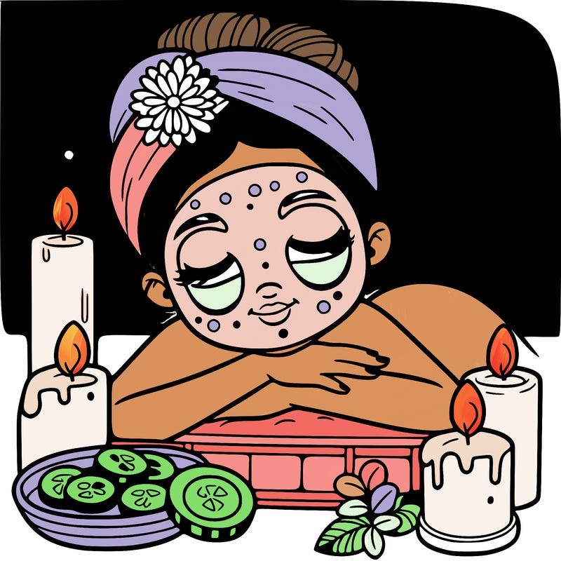 spa day: a girl relaxing with a face mask, cucumber slices, and candles nearby.