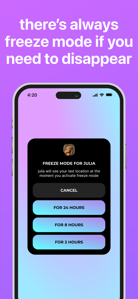 Blink app interface showing Freeze Mode options for location privacy