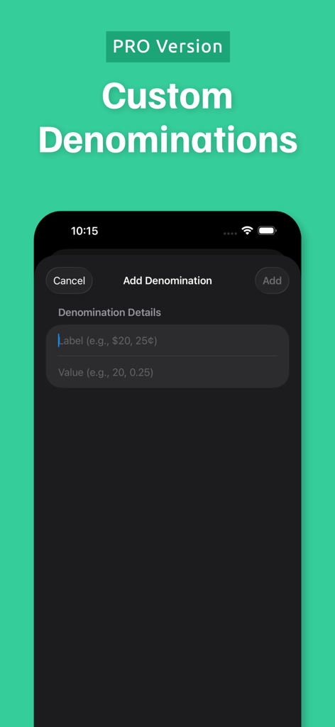 Money Counter - Coin Organizer - Oberfläche zum Hinzufügen benutzerdefinierter Währungsbeschriftungen und Werte in der Pro-Version der Money Counter App.