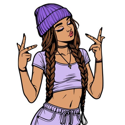 realistic teenage girl with braids and a beanie and crop top doing 🫶🏼