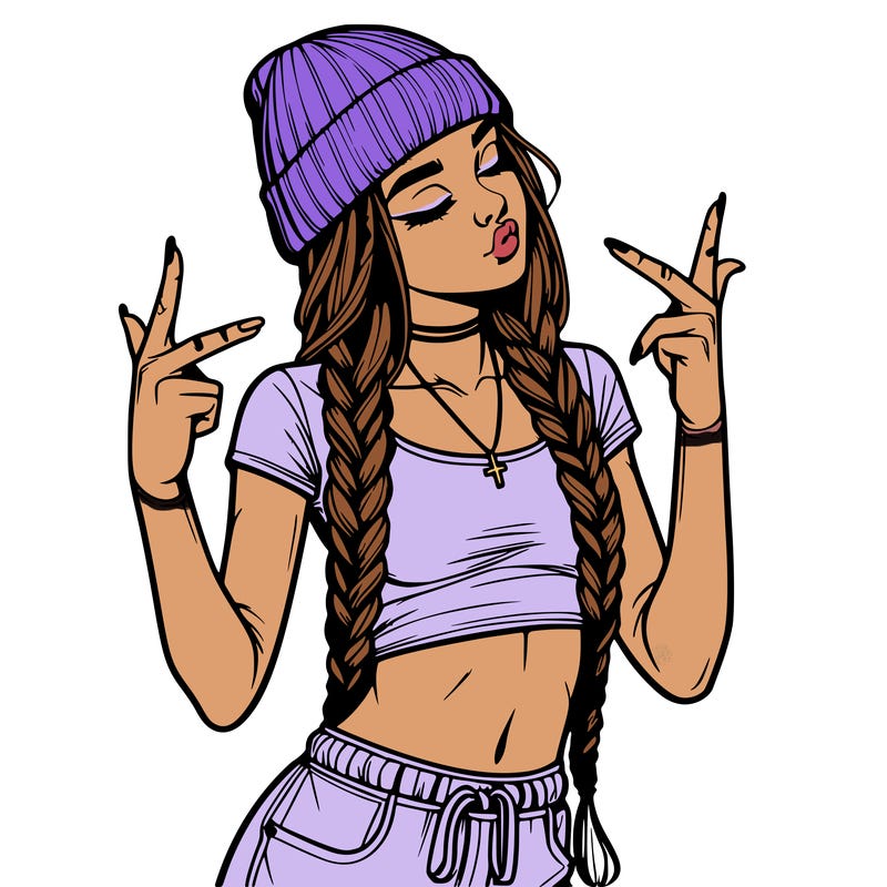 realistic teenage girl with braids and a beanie and crop top doing 🫶🏼