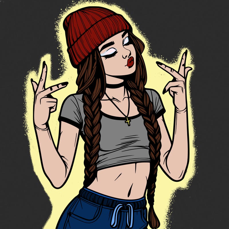 realistic teenage girl with braids and a beanie and crop top doing 🫶🏼