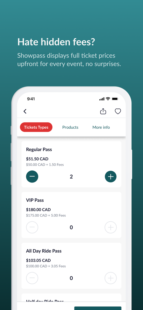 Showpassモバイルアプリのインターフェイスに、さまざまなイベントパスの事前チケット価格と手数料の内訳が表示されています