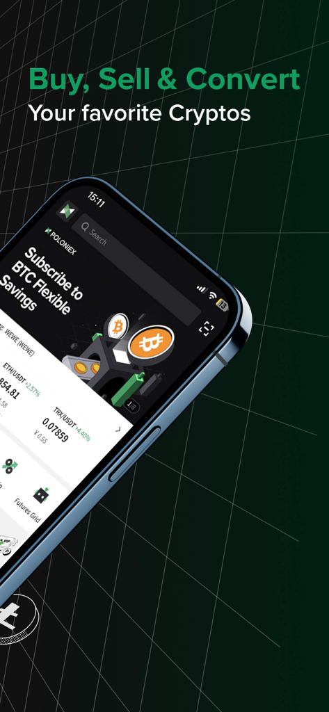 Poloniex mobile app interface showing cryptocurrency trading and btc savings features.