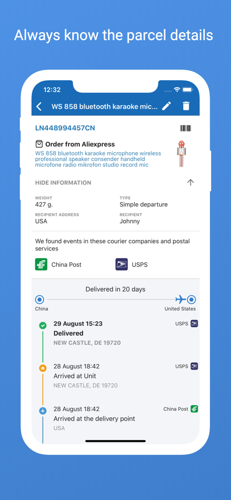 1Track Global Package Tracker - A detailed delivery status screen in 1Track showing tracking information for an AliExpress order from China Post to USPS