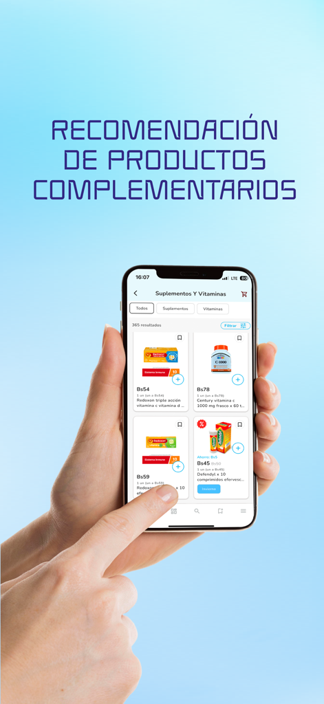 Farmacias Chávez S.A. - App de Farmacias Chavez mostrando recomendaciones de suplementos y vitaminas